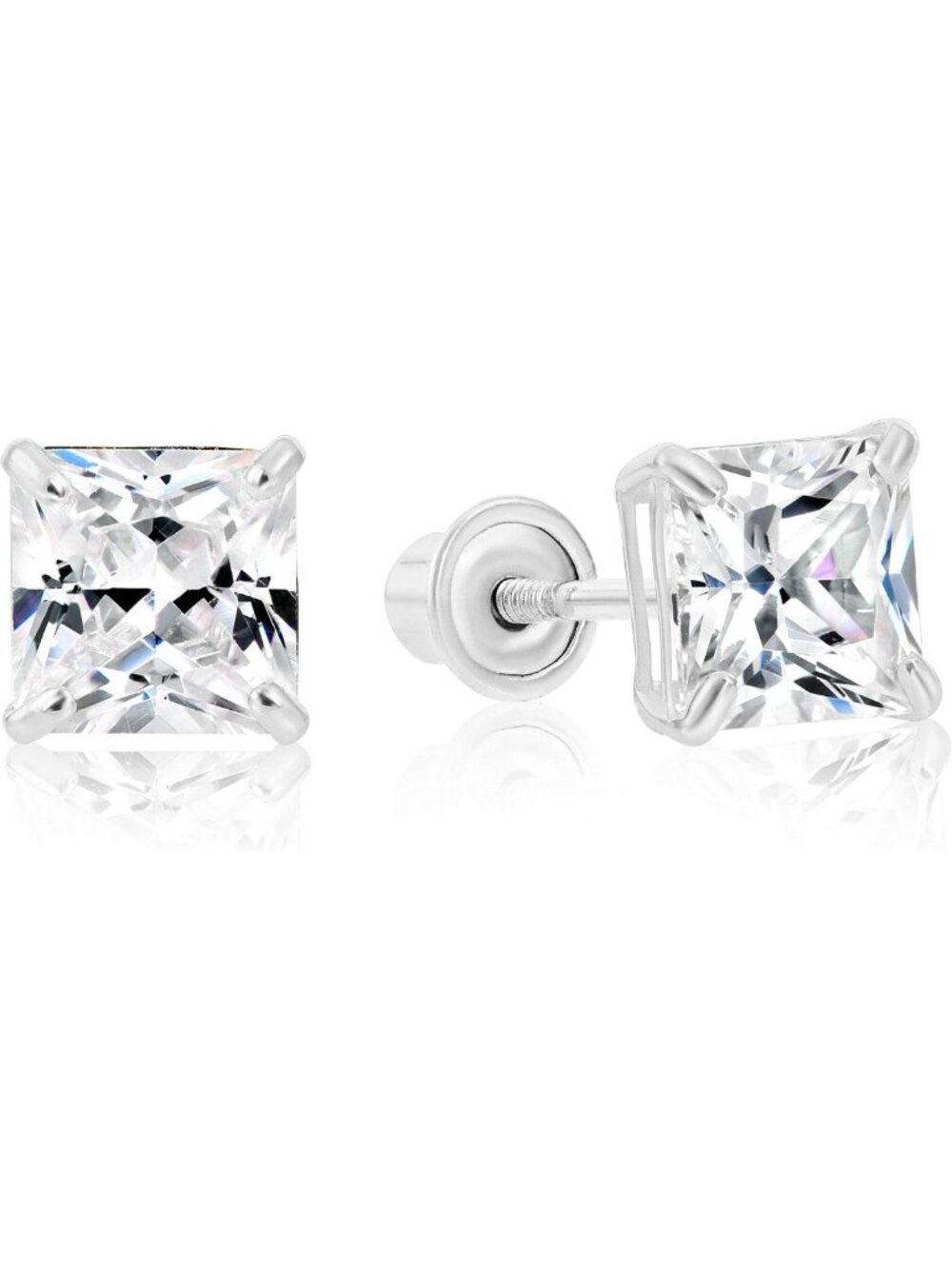 Elegant 14k White Gold Princess-Cut CZ Stud Earrings with Secure Screw-Backs